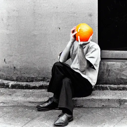 Image similar to photograph of hugh hopper on a street corner eating an orange holding a pepsi