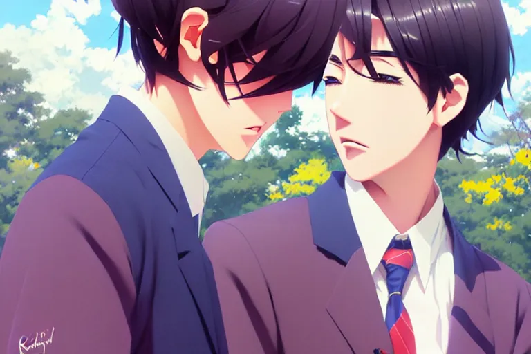 Prompt: boy's love anime high school spring noon scene, high detail concept art, perfect proportions fine face, tall handsome guys, close together romantic undertones, avant designer uniform, vivid colors, realistic shaded lighting poster fantasy art ilya kuvshinov, kyoani, katsuhiro, jeremy lipking and michael germash, makoto shinkai, loish, best selling artist