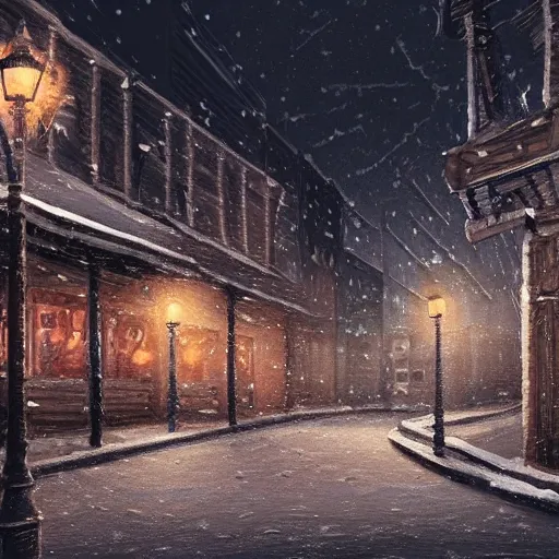 Prompt: a digital painting of a cityscape at night. winter. highly detailed. rustic vibe. artstation.