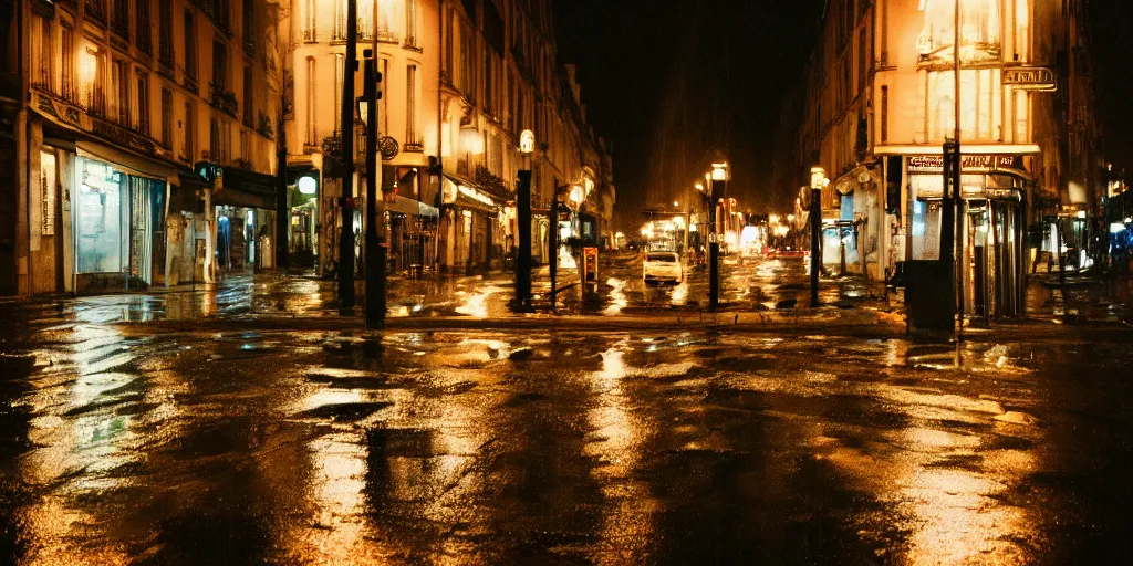 Image similar to street of paris photography, night, rain, mist, cinestill 8 0 0 t, in the style of william eggleston