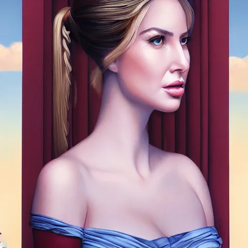 Image similar to a beautiful scenic painting of a beautiful young woman that looks like ivanka trump by artgerm and wlop and wes anderson and spike jonze