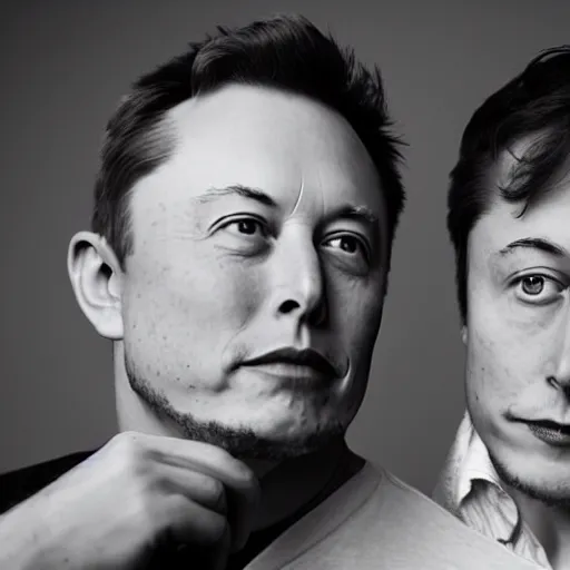 Image similar to A portrait photo of Elon Musk teams up with a teenage Elon Musk, perfect faces, 50 mm, award winning photography