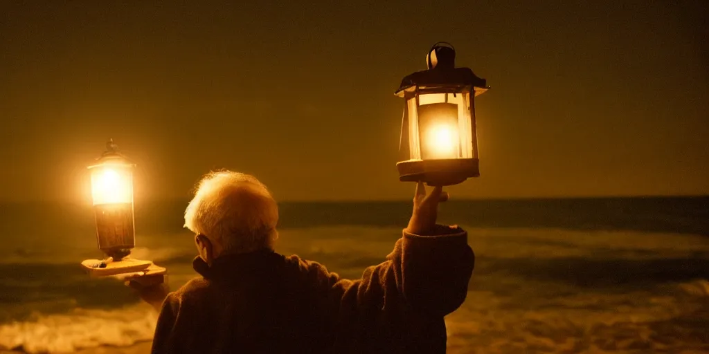 Image similar to film still of closeup old man holding up lantern by his beach hut at night. pirate ship in the ocean by emmanuel lubezki