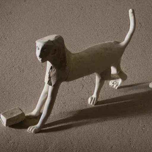 Prompt: close - up museum photo of an ancient limestone statue of a slim walking cat, with letter ה on its head, clay, egypt's, studio lighting, professional, promo,