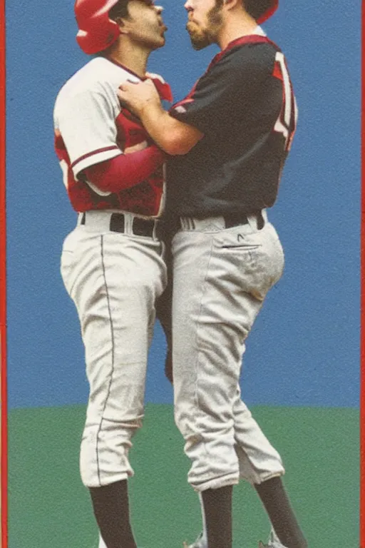 Image similar to baseball card of two players kissing