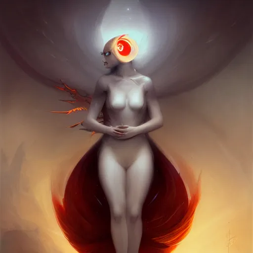 Prompt: prompt A beautiful portrait of a white red orange kumiho, backlit, concept art, matte painting, by Peter Mohrbacher