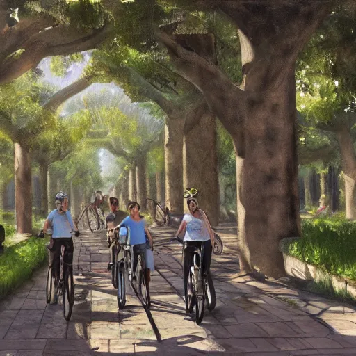 Prompt: friends ride their bikes through a colonnade of trees, by jon foster