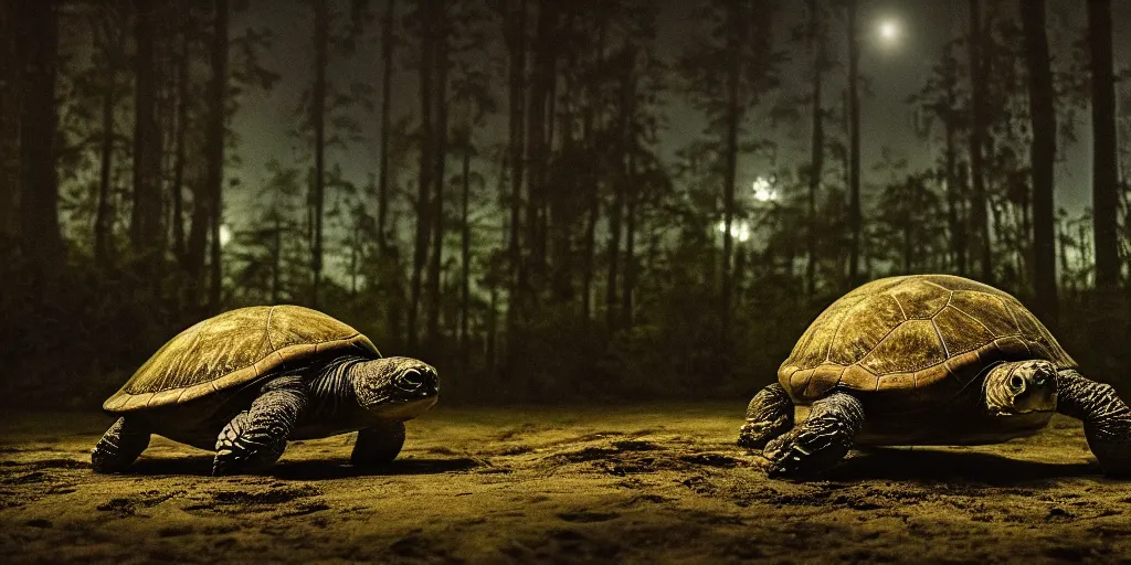 Image similar to huge turtle with in a ancient bioluminescent forest on its back, full moon, moody lighting, 8 k, shallow depth of field, intricate detail,