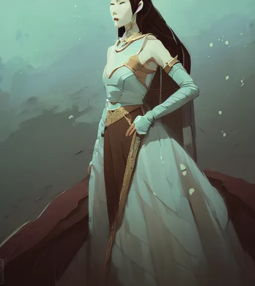 Image similar to portrait of a female immortal queen in amazing dress 汉 服 by atey ghailan, by greg rutkowski, by greg tocchini, by james gilleard, by joe fenton, by kaethe butcher, dynamic lighting, gradient light blue, brown, blonde cream and white color scheme, grunge aesthetic