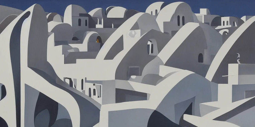 Image similar to a painting of abstract buildings like santorini by zaha hadid and yves tanguy