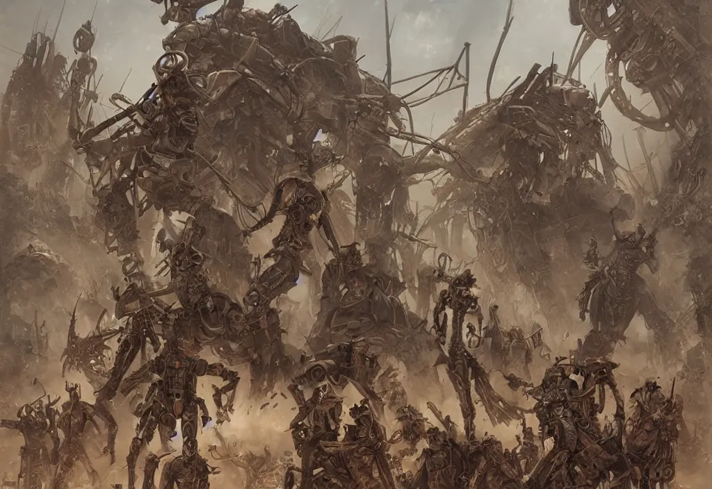 Image similar to postapocalyptic cyborg tribal armies battle in rock desert ultra realistic, blade runner, peter mohrbacher, wayne barlowe, boris vallejo, aaron horkey, gaston bussiere