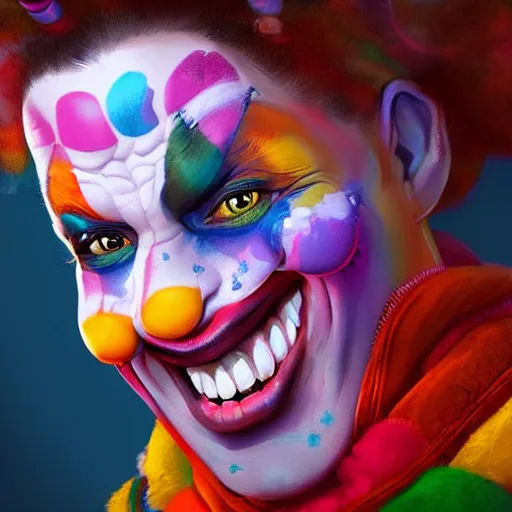 Prompt: Portrait of a colorful happy joyful clown, artstation, cgsociety, masterpiece