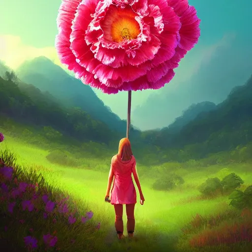 Image similar to giant carnation flower as a head, girl hiking in a lush valley, surreal photography, sunrise, dramatic light, impressionist painting, colorful clouds, digital painting, artstation, simon stalenhag