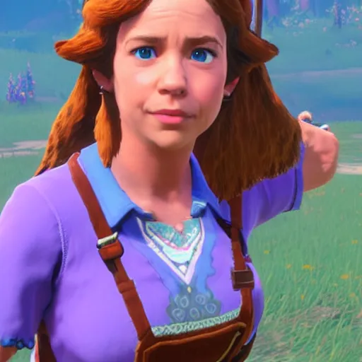 Prompt: pam beesly in breath of the wild, character render, full body shot, 4 k, in game render