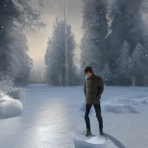Image similar to a portrait of the artist as a young man. 3 d posing, frozen ice dark forest background, snowing, bokeh, inspired by masami kurumada, octane render, volumetric lighting