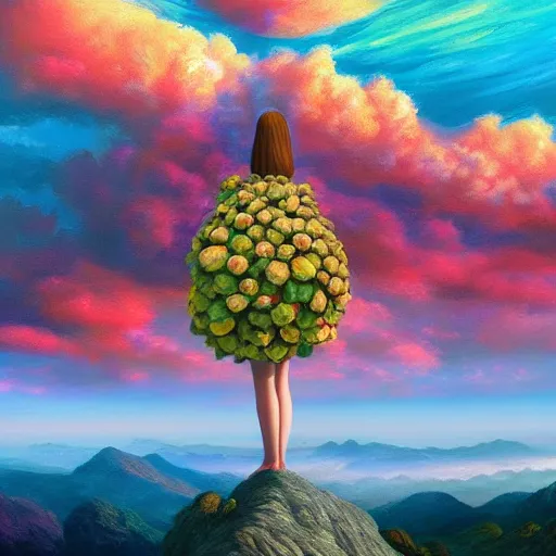 Image similar to giant flower head, frontal, woman standing on mountain, surreal photography, mist below, colorful clouds, impressionist painting, digital painting, artstation, rob gonsalves