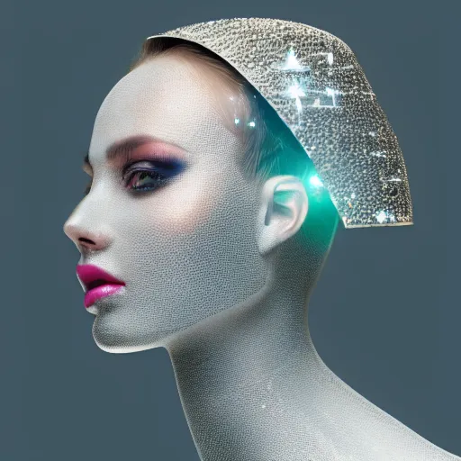 Prompt: portrait of a beautiful futuristic woman layered with high-tech jewelry wrapping around her face and head, 2067