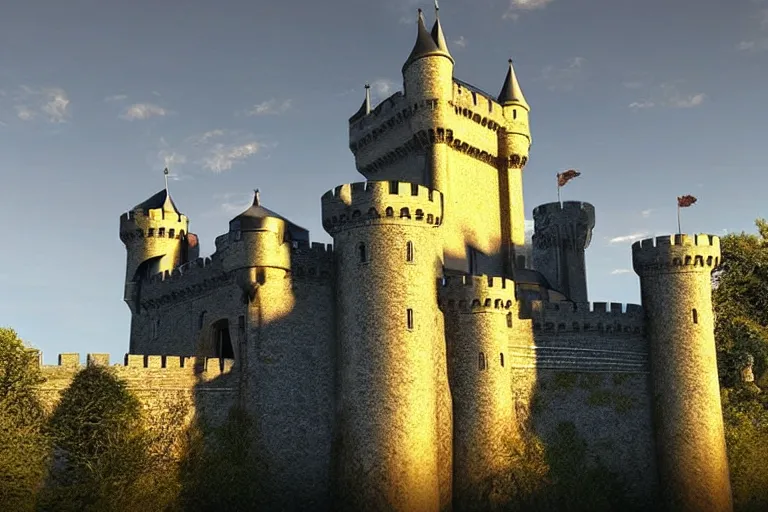 Image similar to castle, chrome, reflect, fantastic, ultra realistic!!!, clear weather, golden hour, sharp focus