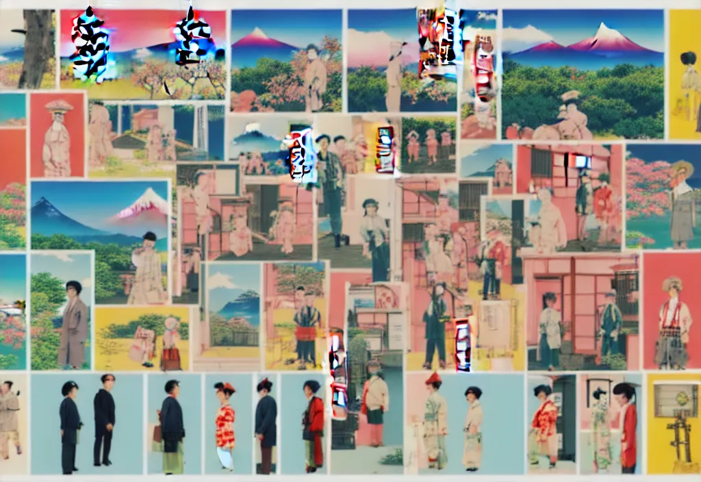 Prompt: full frame, a row of a few european tourists standing with a variety of poses and props, [ several ] character designs, ( rural japan ) a collage painting, in the style of wes anderson, lola dupre, david hockney, [ isolated on negative white space background ] dark monochrome neon spraypaint accents volumetric octane render