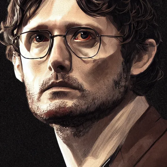 Image similar to will graham, hannibal, red, dark, golden ratio, environment, hyper detail, concept artbook