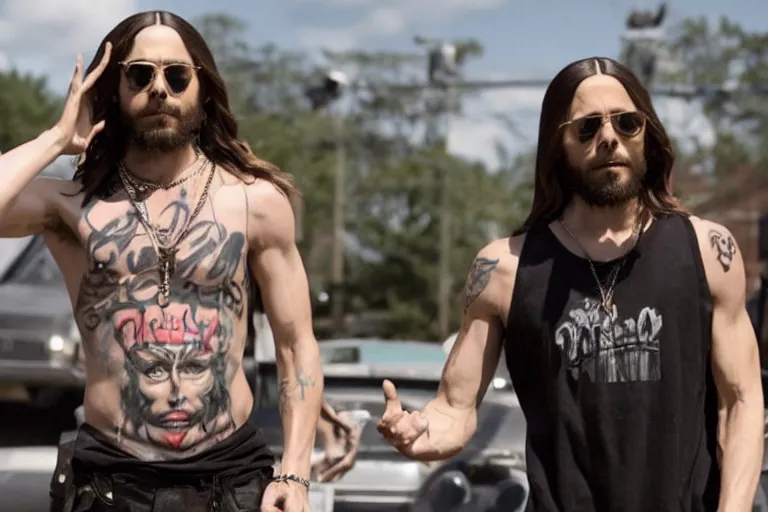 Prompt: medium full shot of jared leto as an exaggerated caricature of a white gang member wearing a black durag and a white tank top in the new movie directed by ice cube, movie still frame, arms covered in gang tattoo, promotional image, critically condemned, top 1 5 worst movie ever imdb list, public condemned, relentlessly detailed