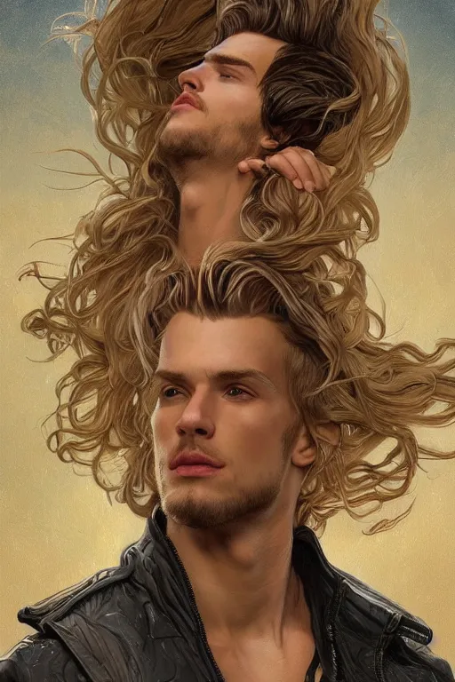 Image similar to portrait of a blonde herculian man in a bomber - jacket, flowing hair, forest, full body, muscular, fantasy, intricate, elegant, highly detailed, digital painting, artstation, concept art, sharp focus, illustration, art by artgerm and greg rutkowski and alphonse mucha