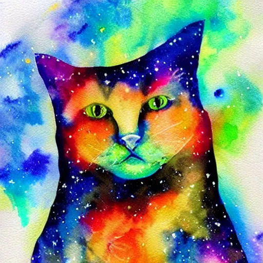 Prompt: Galaxy cat watercolor painting