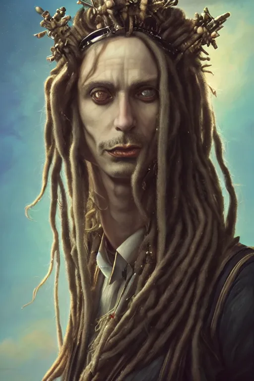 Prompt: portrait of an eccentric gothic king with long wild dreads, straight on portrait, by artgerm, james jean, tom bagshaw, gerald brom, 4 k, smooth, hd, substance designer render, full body character concept art, vaporwave!!, vaporwave colors!!,