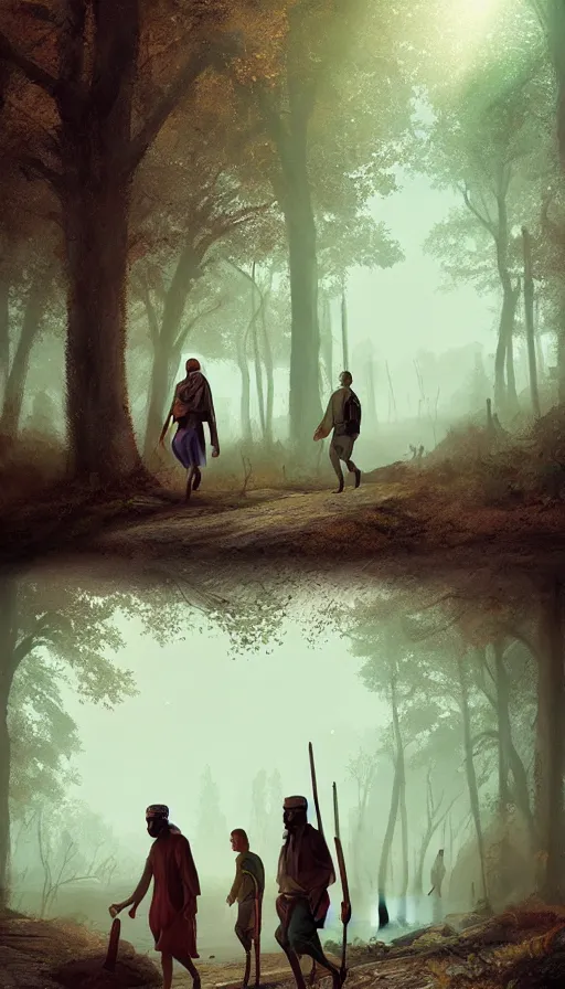 Image similar to muslim adventurers walking along the river bank in a forest, an epic fantasy, dramatic lighting, cinematic, extremely high detail, photorealistic, cinematic lighting, matte painting, artstation, 50mm lens, by simon stalenhag, horizon forbidden west