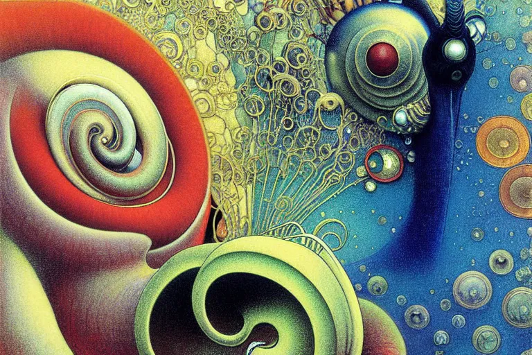 Image similar to realistic detailed closeup portrait painting of a single snail wearing crimson velvet blazer in a crowded futuristic moscow street by Jean Delville, Amano, Yves Tanguy, Alphonse Mucha, Ernst Haeckel, Ilya Repin, Edward Robert Hughes, Andrei Tarkovsky, Roger Dean, rich moody colours, blue eyes