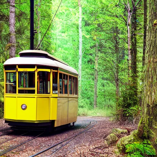 Prompt: Yellow oldschool Tram in a forest, 8k UHD, high quality, studio photo,