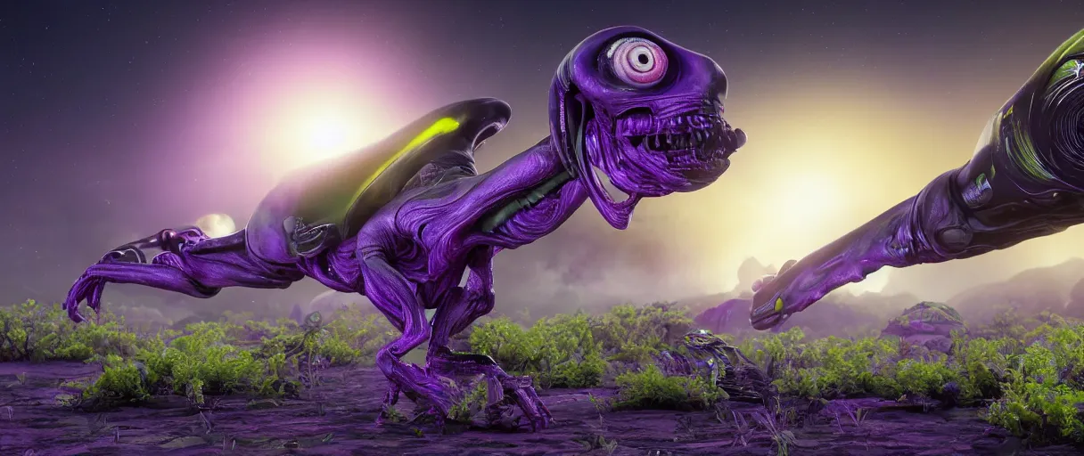 Image similar to grey alien with large black eyes holding an energy rifle on an alien planet with purple soil, green sky, blue and yellow fauna, alien creatures in the background, 3d render, Unreal Engine, octane render, ray tracing, Unity, highly detailed, high quality, HD, 4k, 8k, realistic, sharp, trending - H 768