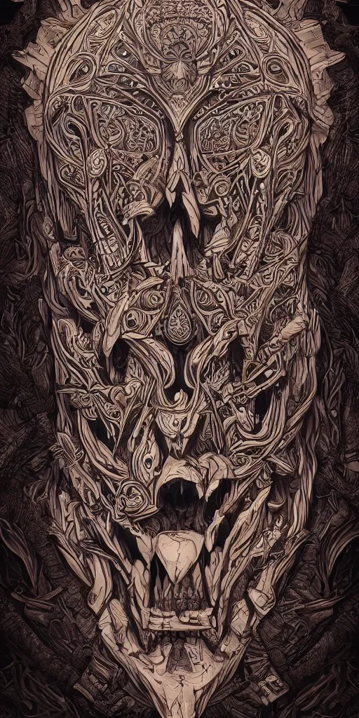 Image similar to A totem with a skull and an wolf, coherent, symmetrical, intricate, high detail, digital painting, hyper realism, octane render, 4k, trending on artstation