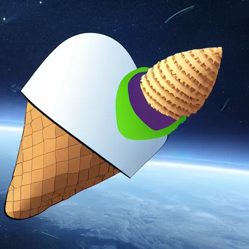 Image similar to spaceship shaped like an ice cream cone flying through space