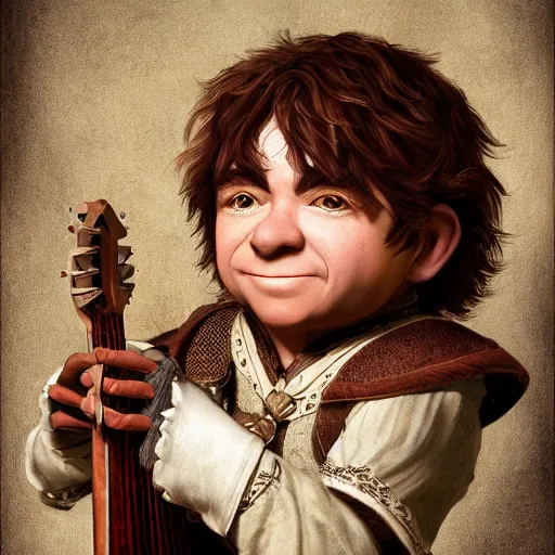 Image similar to realistic portrait of a halfling male holding a lute, happy, bard, short hair, intricate details, cinematic, photo, fantasy, medieval, trending on artstation, digital art, in the style of wizards of the coast