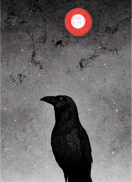 Image similar to portrait, A crow in front of the full big moon, book cover, red white and black colors, establishing shot, extremly high detail, foto realistic, cinematic lighting, pen and ink, intricate line drawings, by Yoshitaka Amano, Ruan Jia, Kentaro Miura, Artgerm, post processed, concept art, artstation, matte painting, style by eddie mendoza, raphael lacoste, alex ross