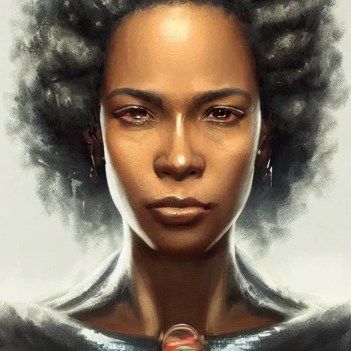 Image similar to Portrait of a woman by Greg Rutkowski, she is about 30 years old, mulato, afro hair, attractive and beautiful, she is wearing a futuristic lawyer outfit, highly detailed portrait, scifi, digital painting, artstation, concept art, smooth, sharp foccus ilustration, Artstation HQ