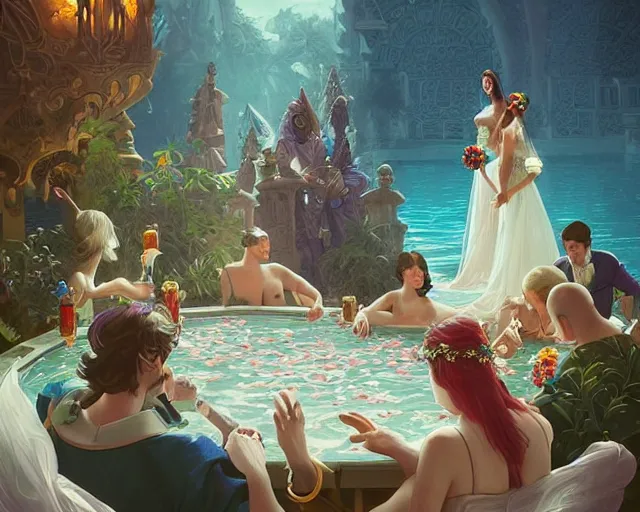 Image similar to a wedding in a swimming pool, photography of kurzgesagt, deep focus, d & d, fantasy, intricate, elegant, highly detailed, digital painting, artstation, concept art, matte, sharp focus, illustration, hearthstone, art by artgerm and greg rutkowski and alphonse mucha