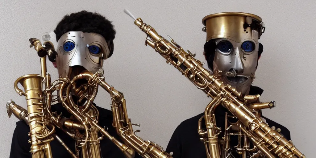 Prompt: a beautiful cyborg made of ceremonial woodwind section maske