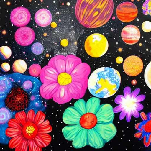 Prompt: outerspace, flowers, fun, comic relief, diversion