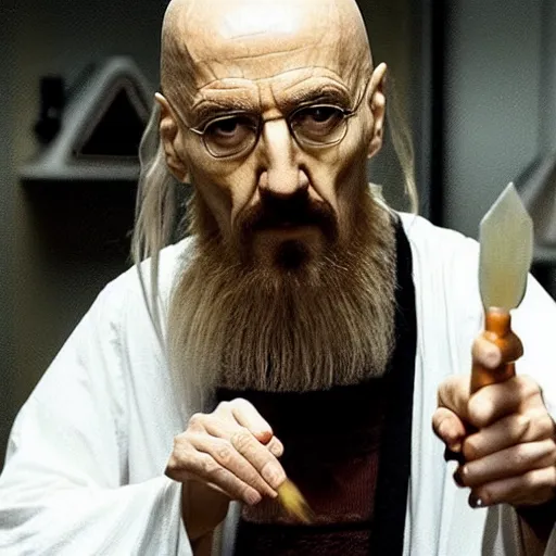 Prompt: Saruman the White cooking meth like Walter White in breaking bad