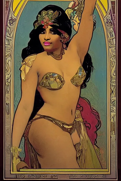 Image similar to painting of nikki minaj as the greek goddess of nail polish, by alphonse mucha