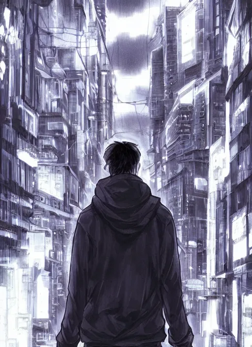 Dark anime guy in a rainy cityscape wearing a black hoodie