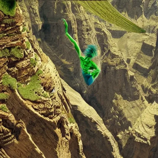 Image similar to green leaping skeletons over a canyon