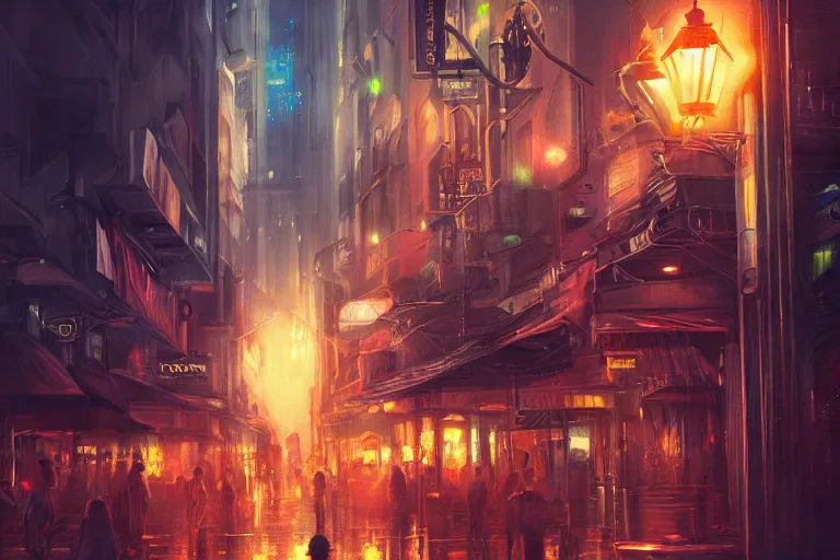 Image similar to a beautiful paiting of Night Life of downtown street by Ross Tran, dark ambient, beautiful, UHD, hyperrealism, Surreal and Fantasy Art, absurdist