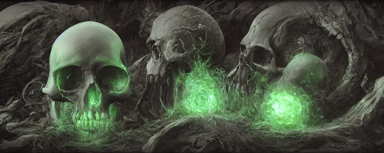 Image similar to simple ring with a skull, ring, skull, black, green mist emanates, magic, poison, smooth shank, crystals, engravings, product design, jewelry, art by gerald brom, greg rutkowski and artgerm and james jean and zdzisław beksinski, 8 k, unreal engine, c 4 d