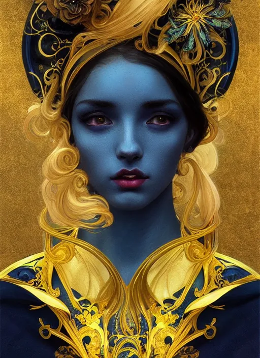 Image similar to beautiful black blue yellow, complicated gold and blue flowers in baroque style headwears, dark fantasy, intricate, elegant, highly detailed, digital painting, artstation, concept art, matte, 3 d 8 k octane rendered, sharp focus, illustration, octane rendered, art by artgerm and alphonse mucha, leesha hannigan