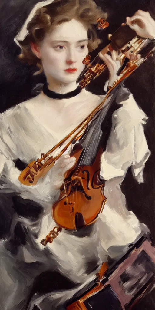 Prompt: painting in the style of john singer sargent of titantic house band playing tiny violins as the ship sinks and artificial intelligence engulfs our subconscious, highly detailed, 8k