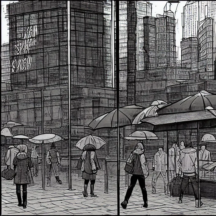 Image similar to close view of market stall. umbrellas on the stall. set in a square, pedestrians walk past. background of old soviet monument. storyboard, scifi cyberpunk. by gabriel hardman, joe alves, chris bonura. cinematic atmosphere, detailed and intricate, perfect anatomy