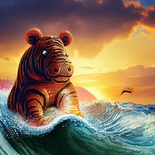 Image similar to a closeup photorealistic photograph of a cute smiling knitted tiger hippopotamus riding an epic wave at sunset. surf in the background. professional capture. brightly lit scene. this 4 k hd image is trending on artstation, featured on behance, well - rendered, extra crisp, features intricate detail, epic composition and the style of unreal engine.